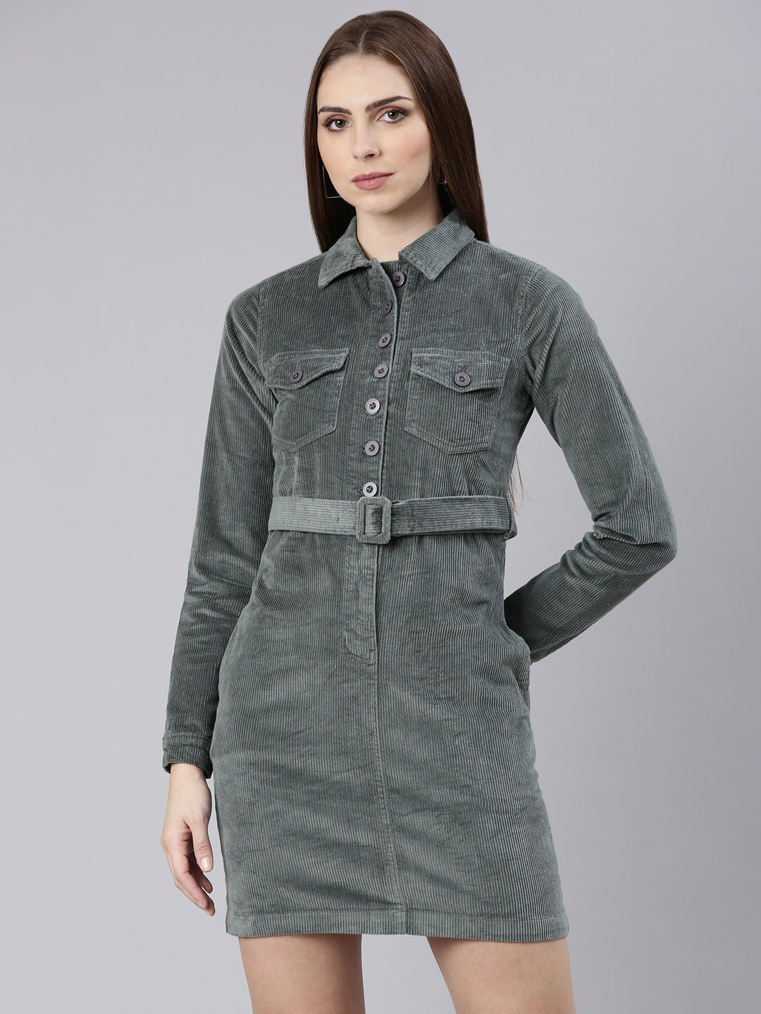 Women's Sea Green Shirt Collar Cuffed Sleeve Belted Shirt Dress