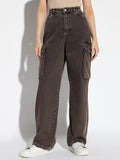 Women's Brown Comfort Wide Leg Light Fade Cargo Jeans
