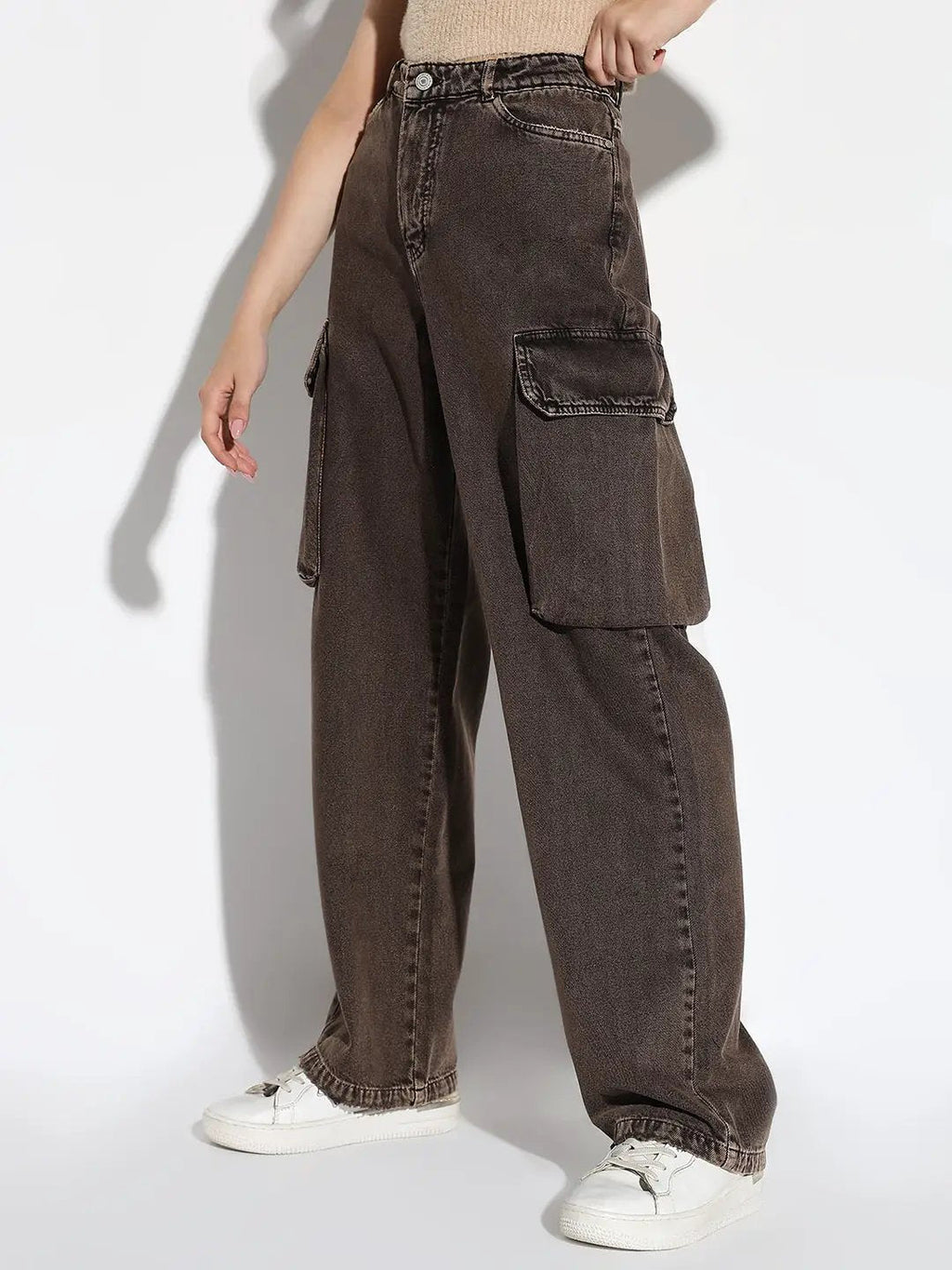 Women's Brown Comfort Wide Leg Light Fade Cargo Jeans
