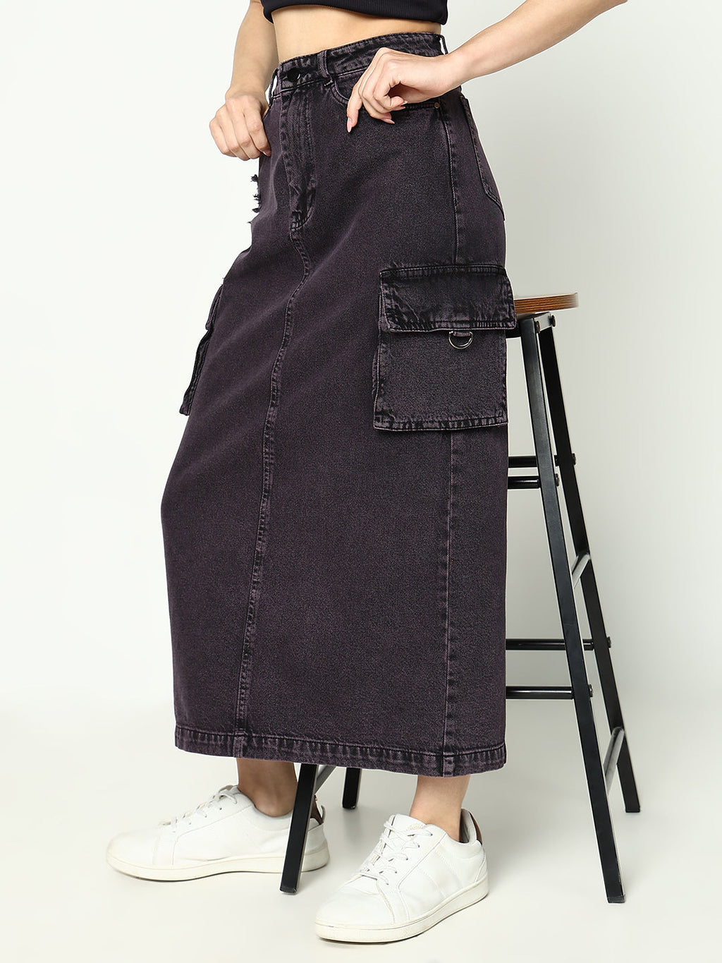 Women's Purple Washed Back Slit Denim Straight Skirt
