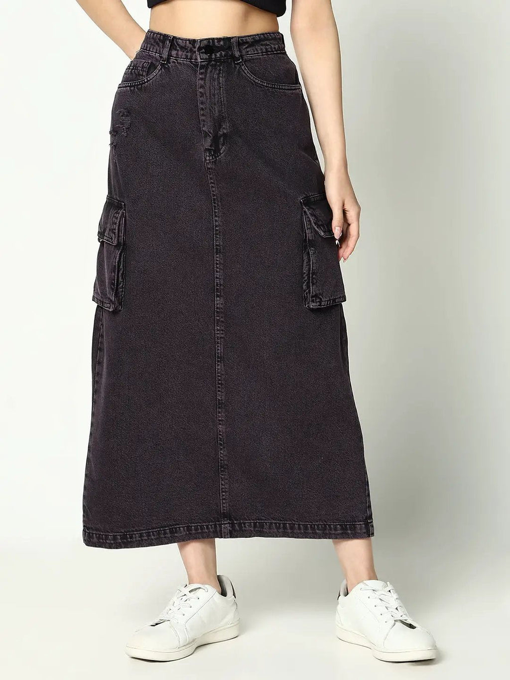 Women's Purple Washed Back Slit Denim Straight Skirt