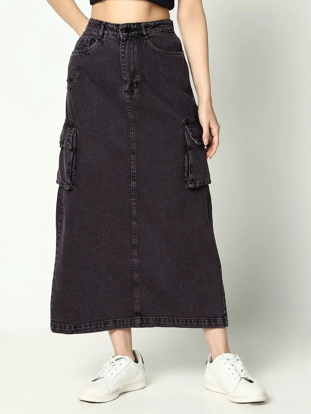 Women's Purple Washed Back Slit Denim Straight Skirt