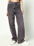 Women's Grey Cotton Mid-Rise Comfort Wide Leg Heavy Fade Jeans