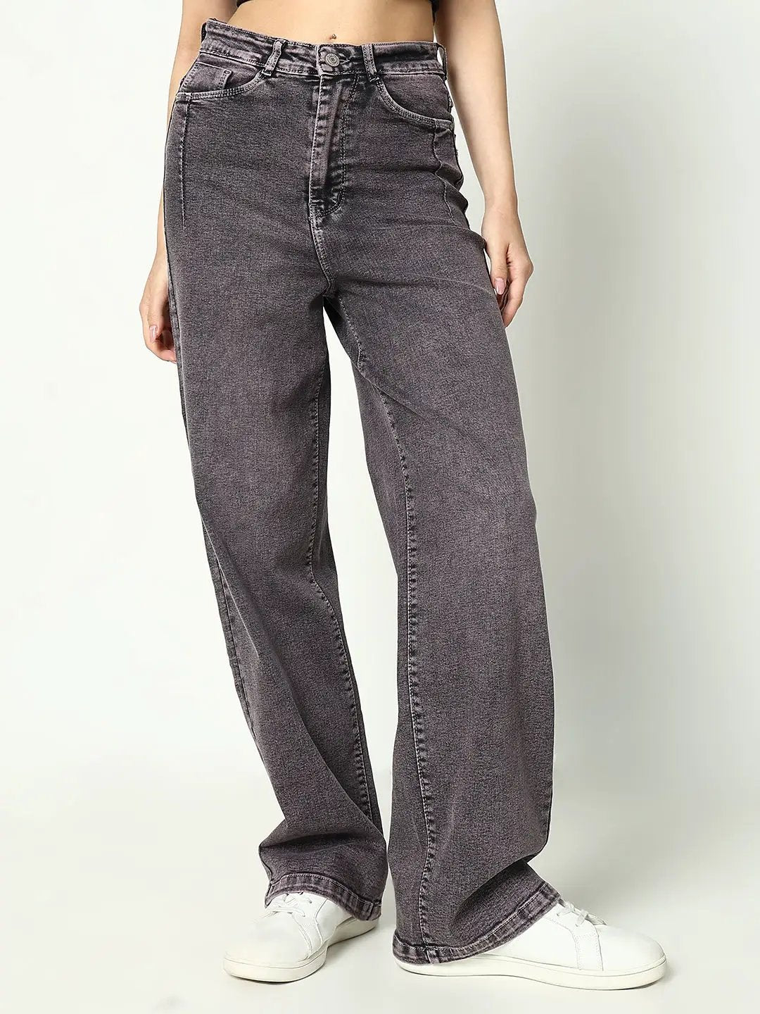 Women's Grey Cotton Mid-Rise Comfort Wide Leg Heavy Fade Jeans