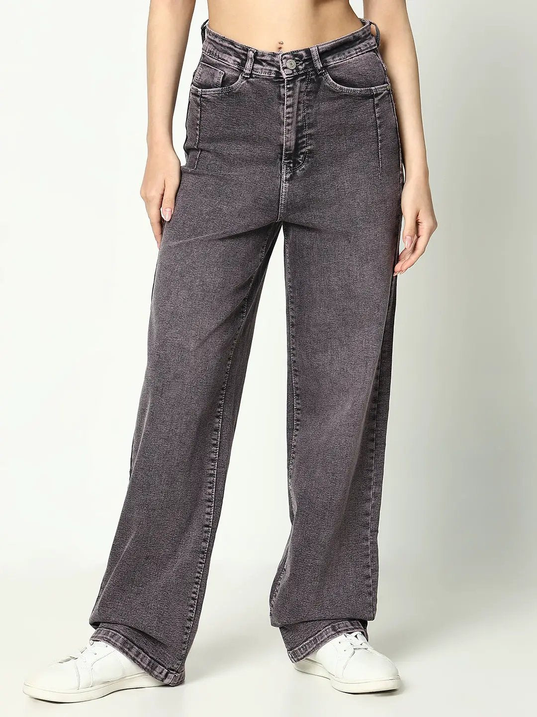 Women's Grey Cotton Mid-Rise Comfort Wide Leg Heavy Fade Jeans