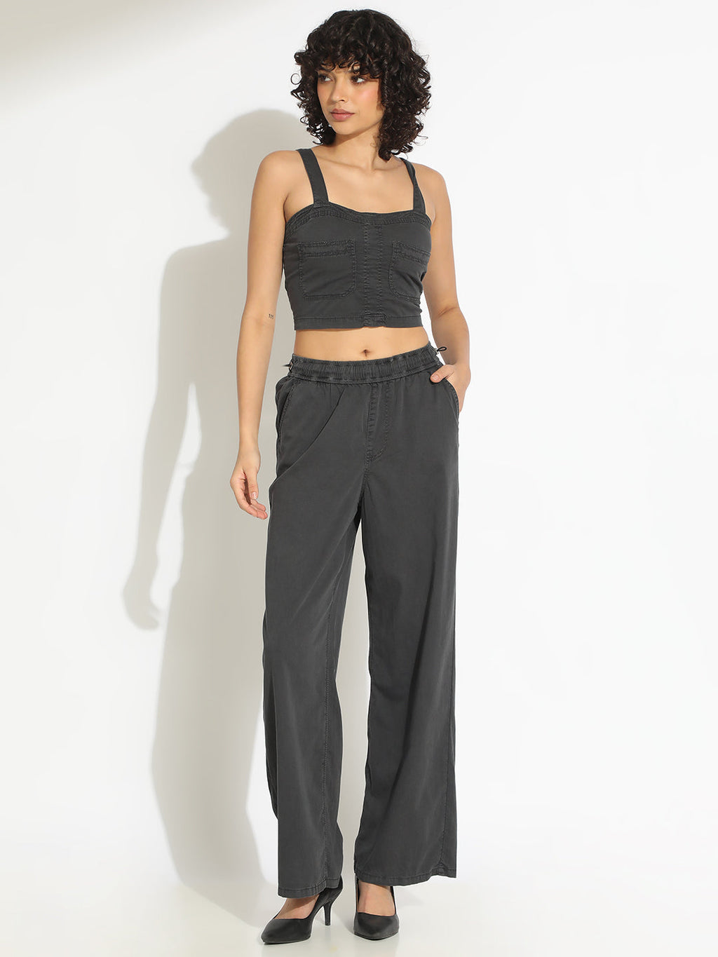 Women's Grey Crop Top and Trouser Co-Ord Set