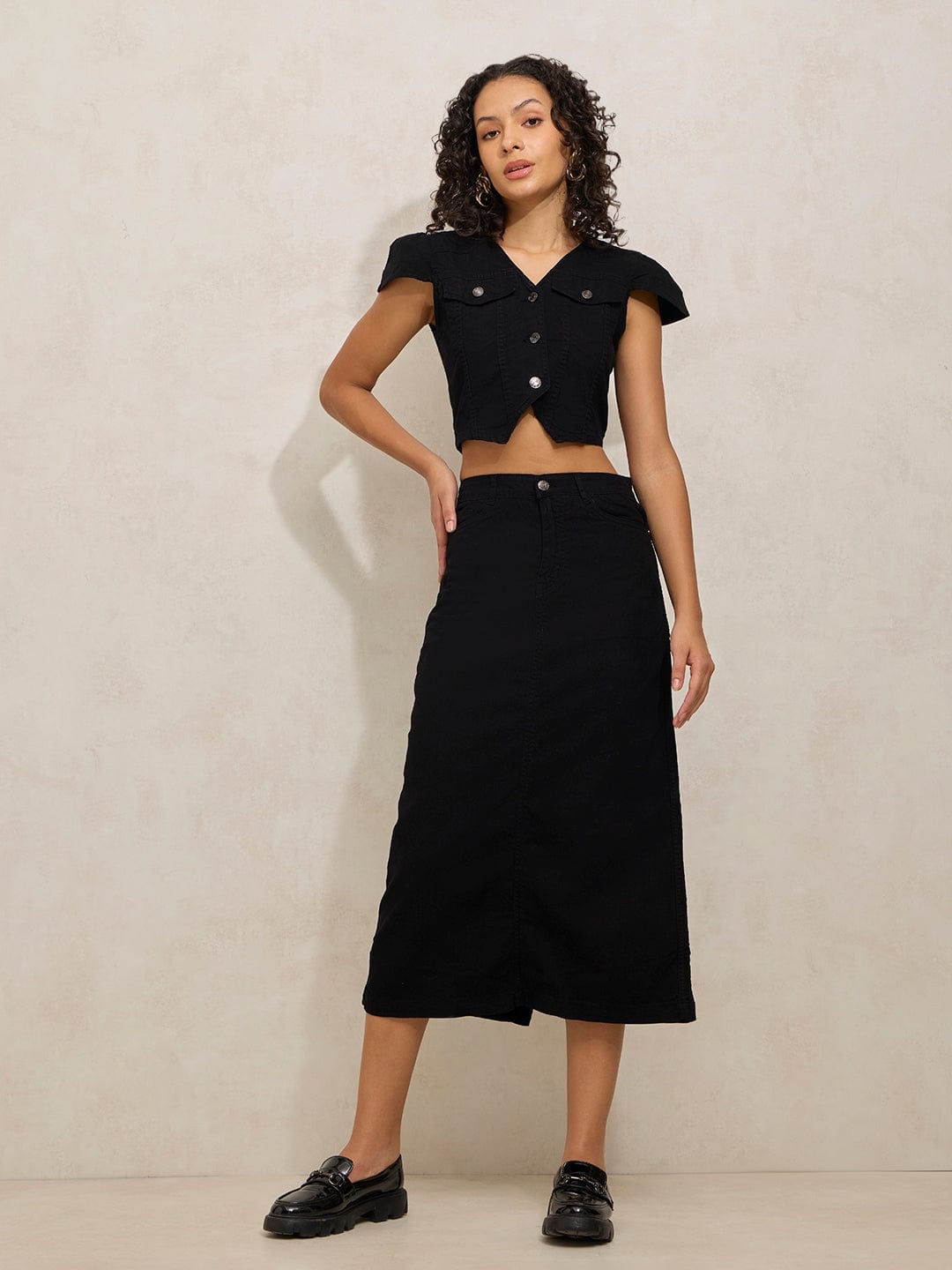 Women's Black Denim Vest Top with Skirt Co-ords Set