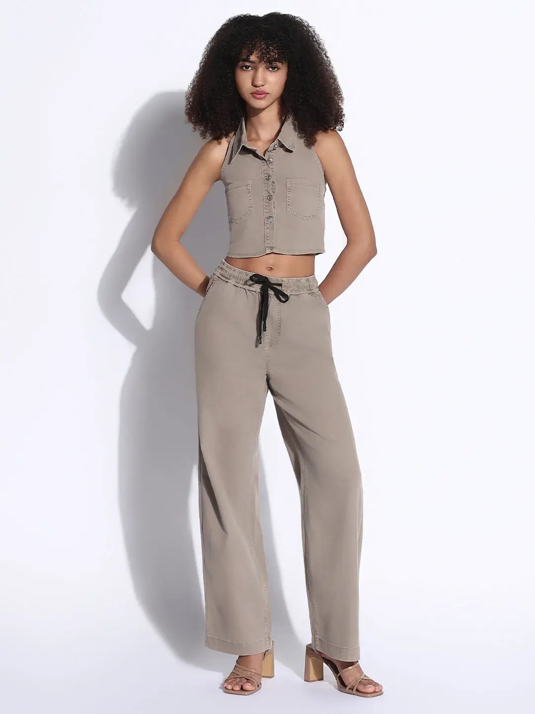 Women's Solid Beige Co-Ords Set