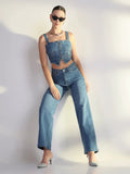 Women's Solid Blue Co-Ords Set with Fabric Belt
