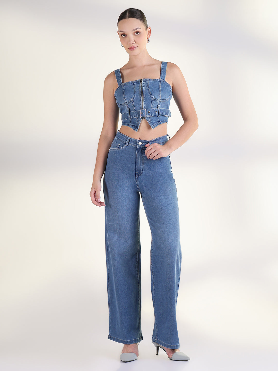 Women's Solid Blue Co-Ords Set with Fabric Belt