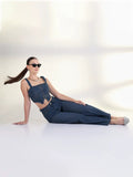 Women's Navy Blue Denim Corset Top & Wide Leg Jeans Co-ords Set with Belt