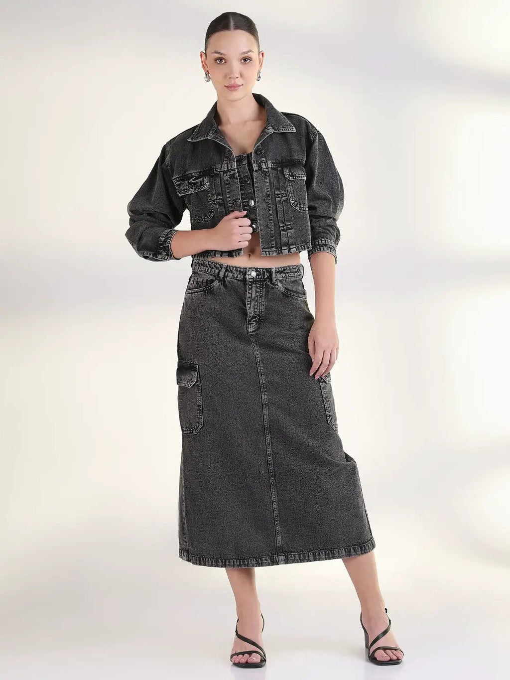 Women's Solid Grey Denim Co-Ords Set with Jacket