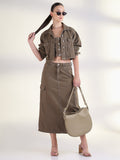 Women's Solid Khaki Denim Co-Ords Set with Jacket