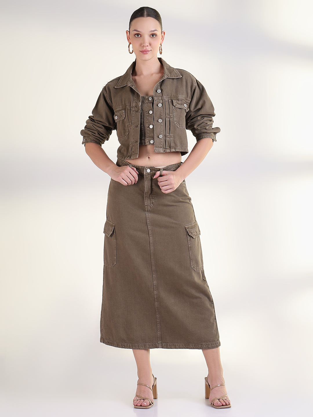 Women's Solid Khaki Denim Co-Ords Set with Jacket