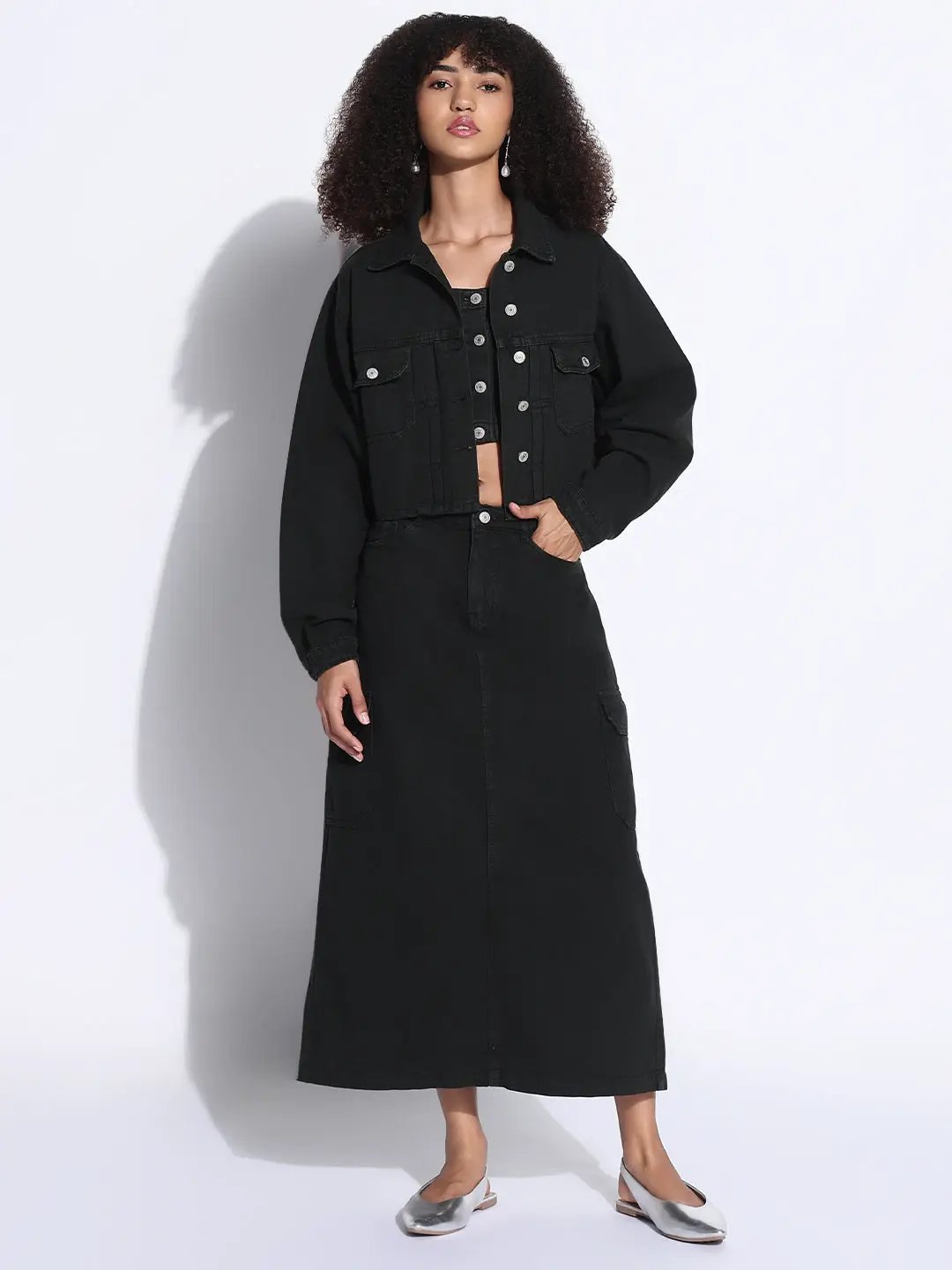 Women's Solid Olive Denim Co-Ords Set with Jacket