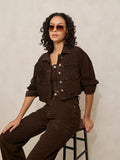 Women's Brown Denim Co-ords Set with Crop Jacket