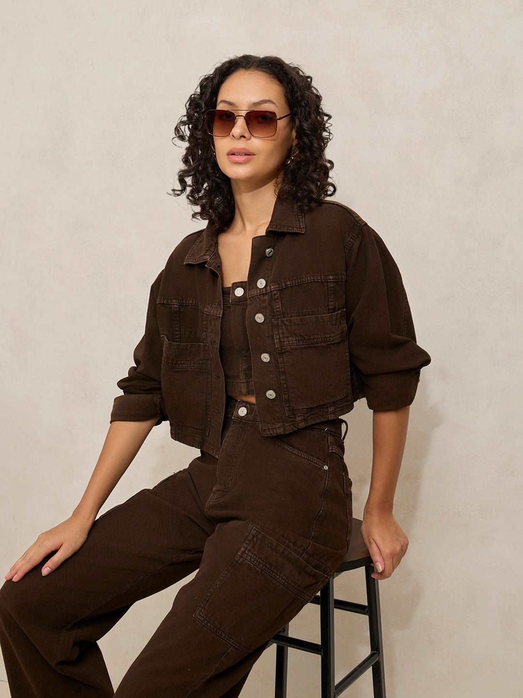 Women's Brown Denim Co-ords Set with Crop Jacket