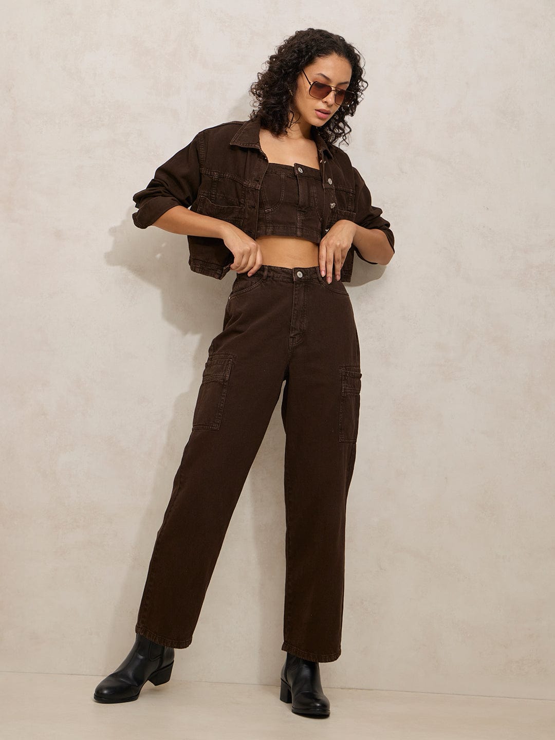 Women's Brown Denim Co-ords Set with Crop Jacket