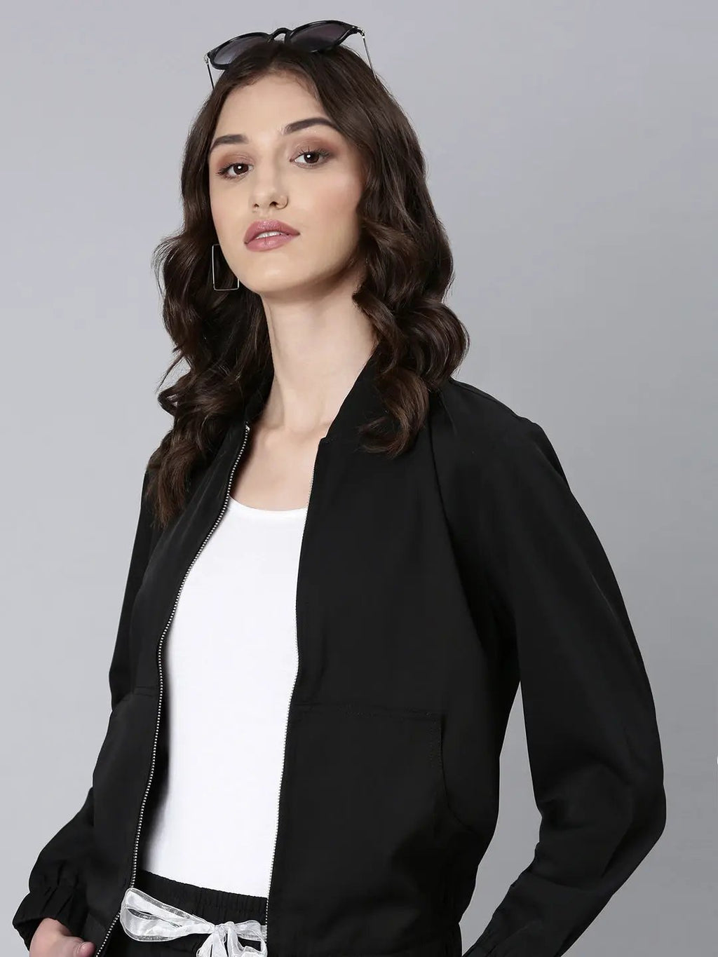 Women's Black Mock Collar Solid Tracksuit