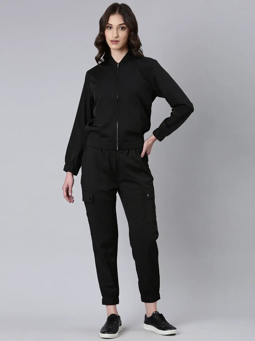 Women's Black Mock Collar Solid Tracksuit