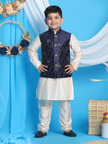 Boy's Navy Blue Nehru Jacket With Cream Kurta And Pyjama Set