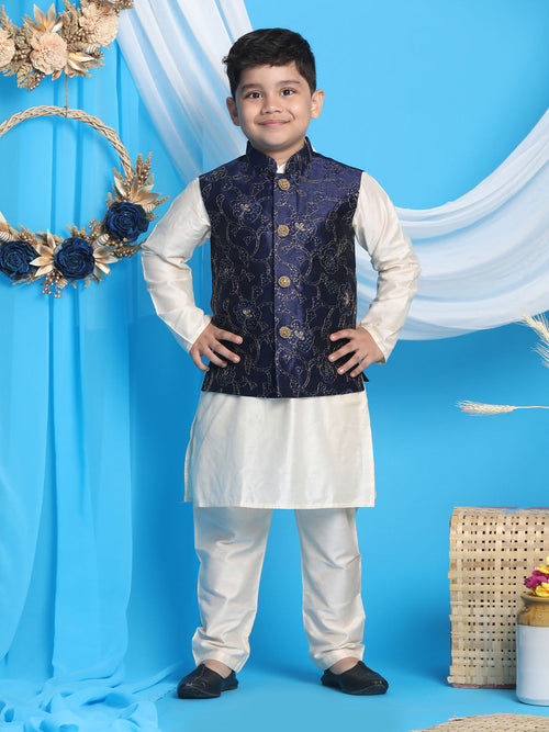 Boy's Navy Blue Nehru Jacket With Cream Kurta And Pyjama Set