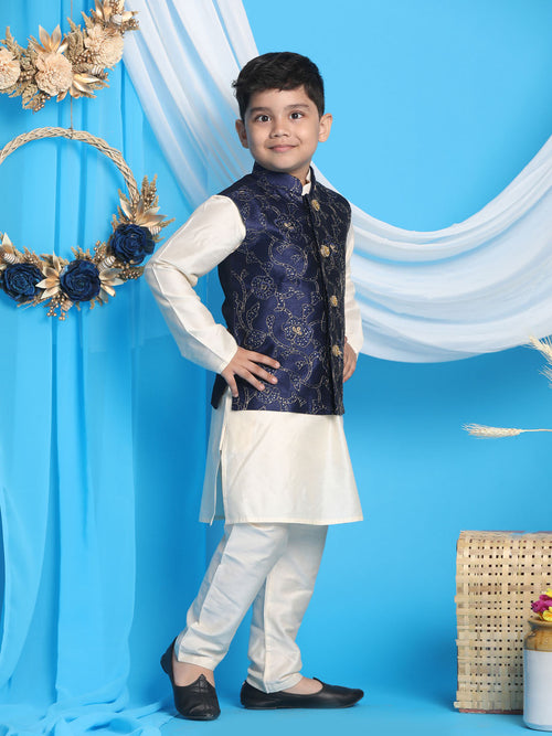Boy's Navy Blue Nehru Jacket With Cream Kurta And Pyjama Set