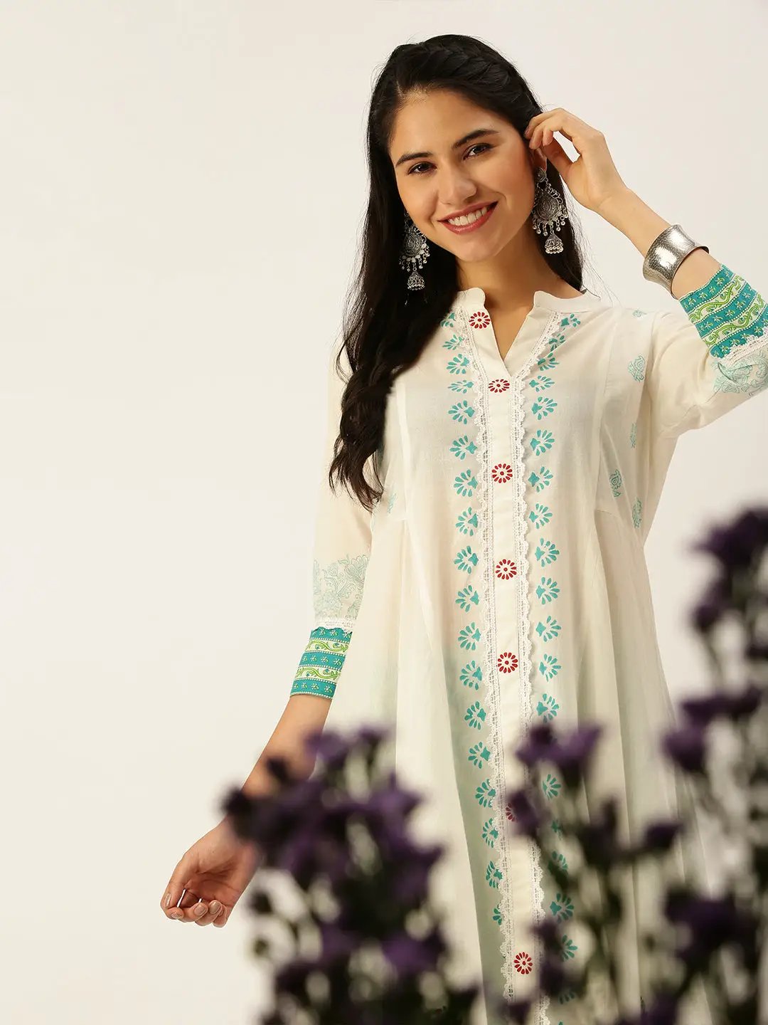 Women's White Ethnic Motifs Printed Kurta Sets with Palazzos