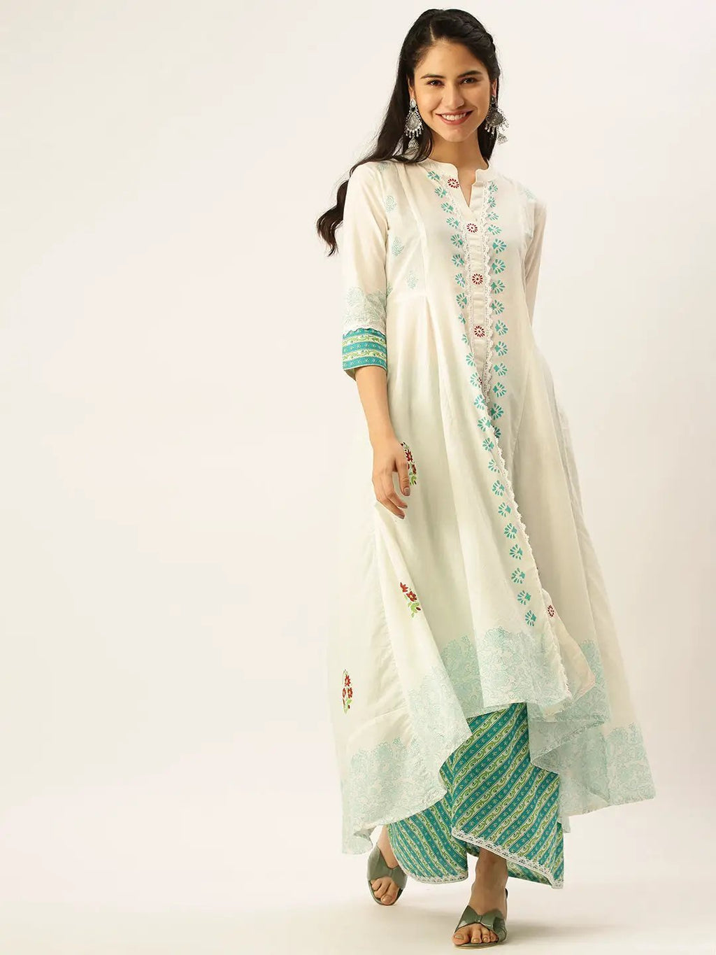 Women's White Ethnic Motifs Printed Kurta Sets with Palazzos