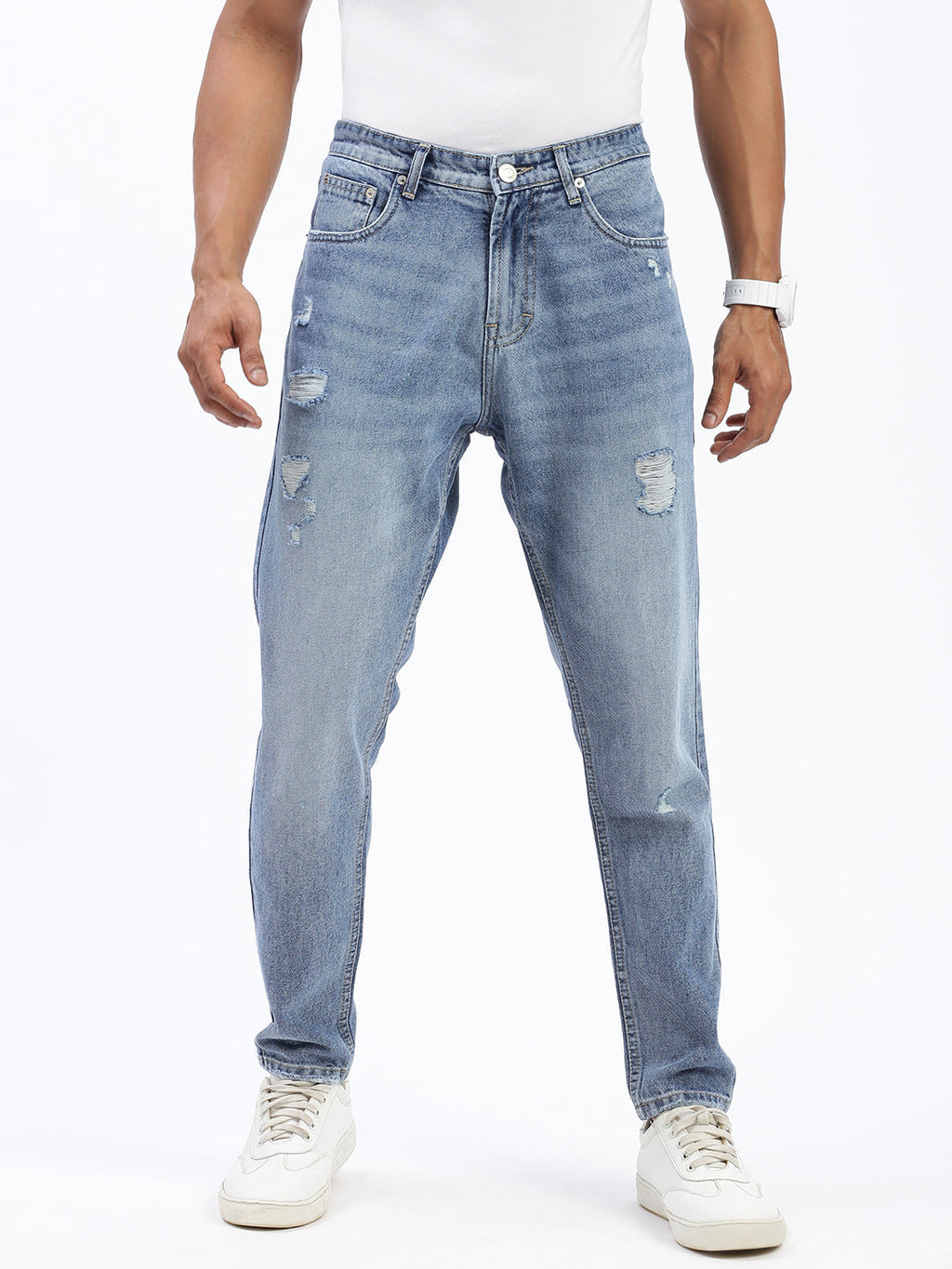 Men's Blue Regular Fit Cropped Light Fade Torn Jeans