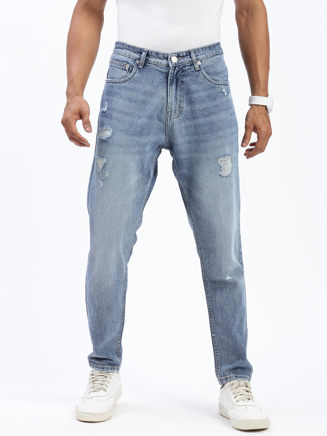 Men's Blue Regular Fit Cropped Light Fade Torn Jeans