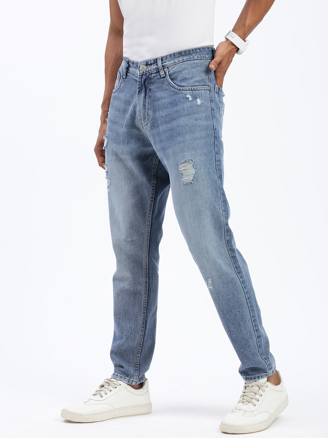 Men's Blue Regular Fit Cropped Light Fade Torn Jeans