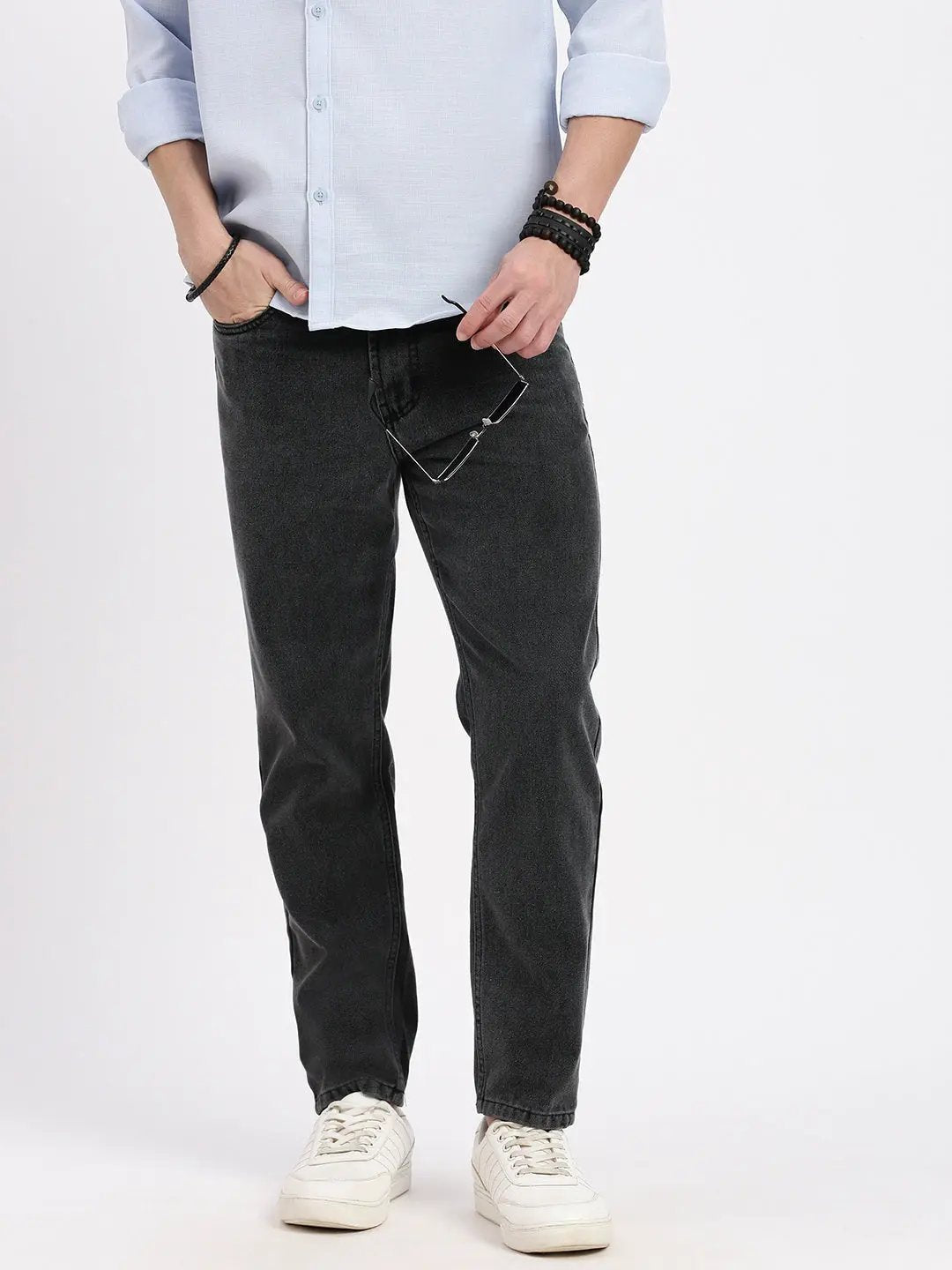 Men's Grey Comfort Light Fade Mid-Rise Acid Wash Jeans