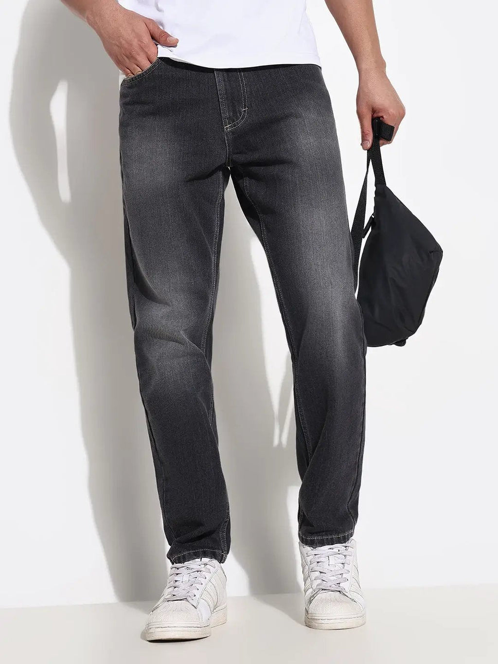 Men's Grey Slim Fit Heavy Fade Acid Wash Jeans