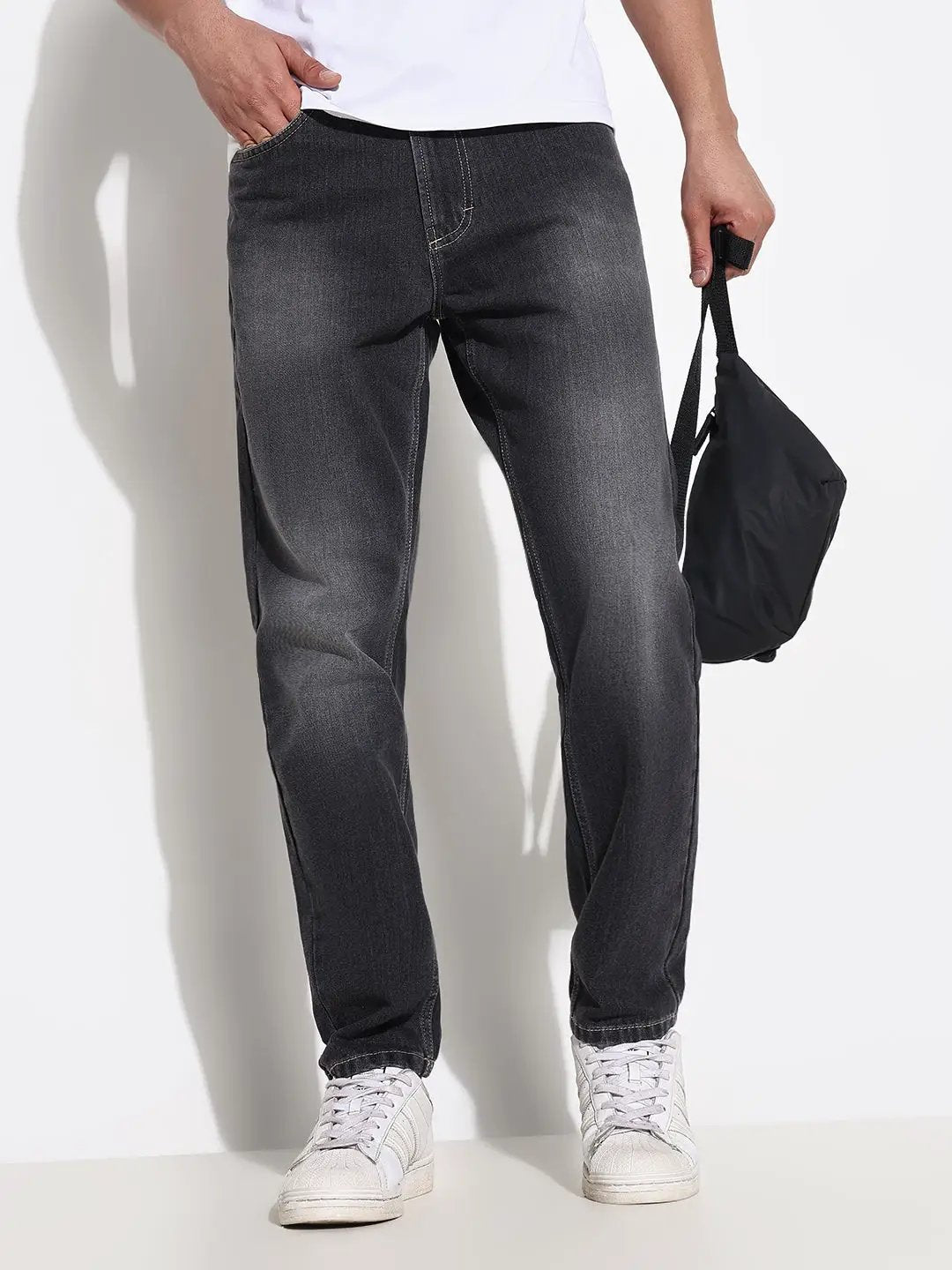 Men's Grey Slim Fit Heavy Fade Acid Wash Jeans