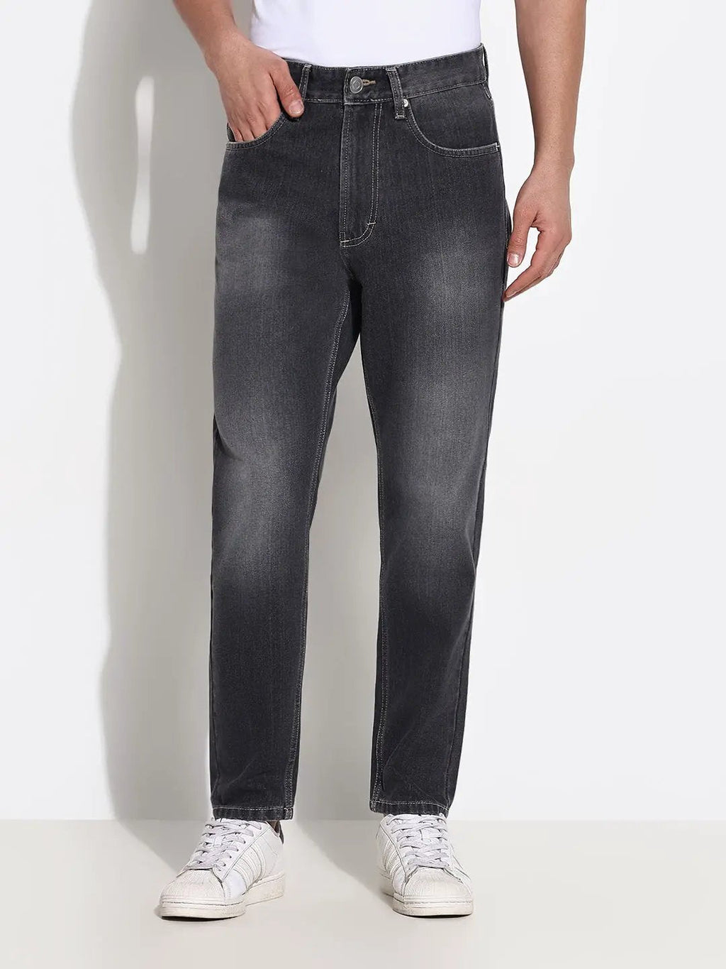 Men's Grey Slim Fit Heavy Fade Acid Wash Jeans