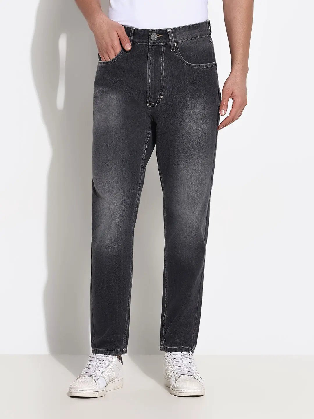 Men's Grey Slim Fit Heavy Fade Acid Wash Jeans