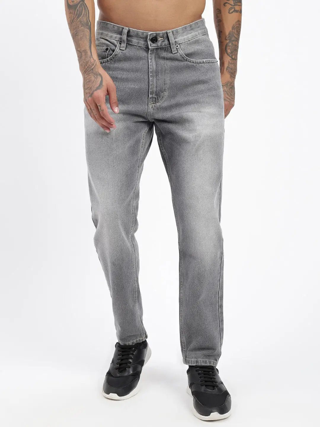 Men's Grey Slim Fit Cropped Light Fade Jeans