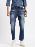 Men's Blue Comfort Low-Rise Heavy Fade Acid Wash Denim Jeans