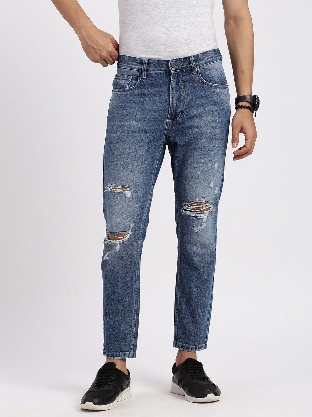 Men's Blue Comfort Low-Rise Highly Distressed Heavy Fade Acid Wash Jeans