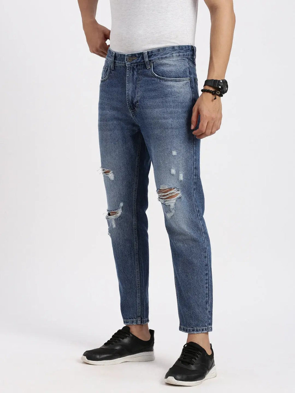Men's Blue Comfort Low-Rise Highly Distressed Heavy Fade Acid Wash Jeans