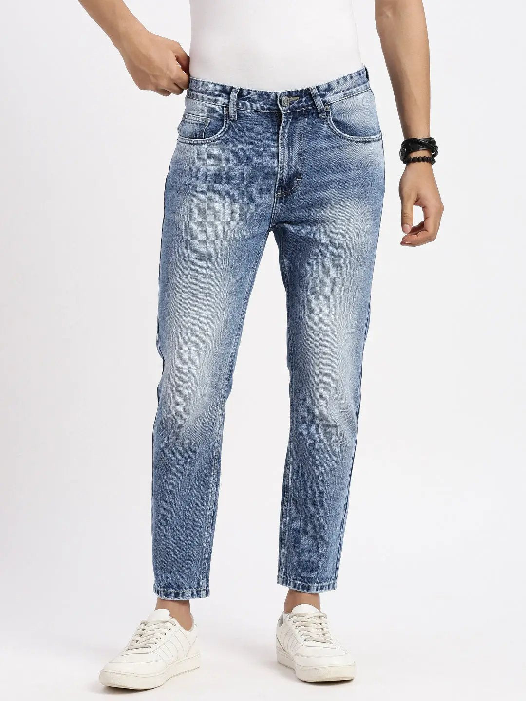 Men's Blue Comfort Low-Rise Heavy Fade Acid Wash Jeans