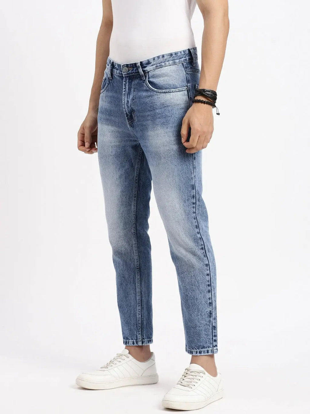 Men's Blue Comfort Low-Rise Heavy Fade Acid Wash Jeans