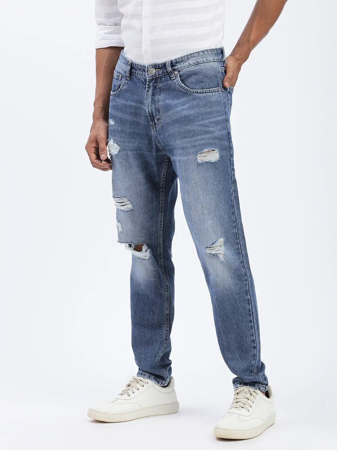 Men's Blue Regular Fit Cropped Torned Jeans