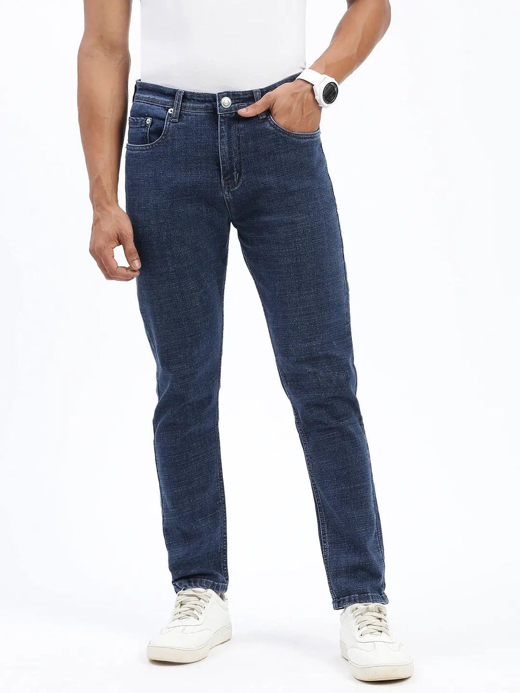Men's Navy Blue Comfort Slim Fit Mid-Rise Cotton Light Fade Acid Wash Jeans