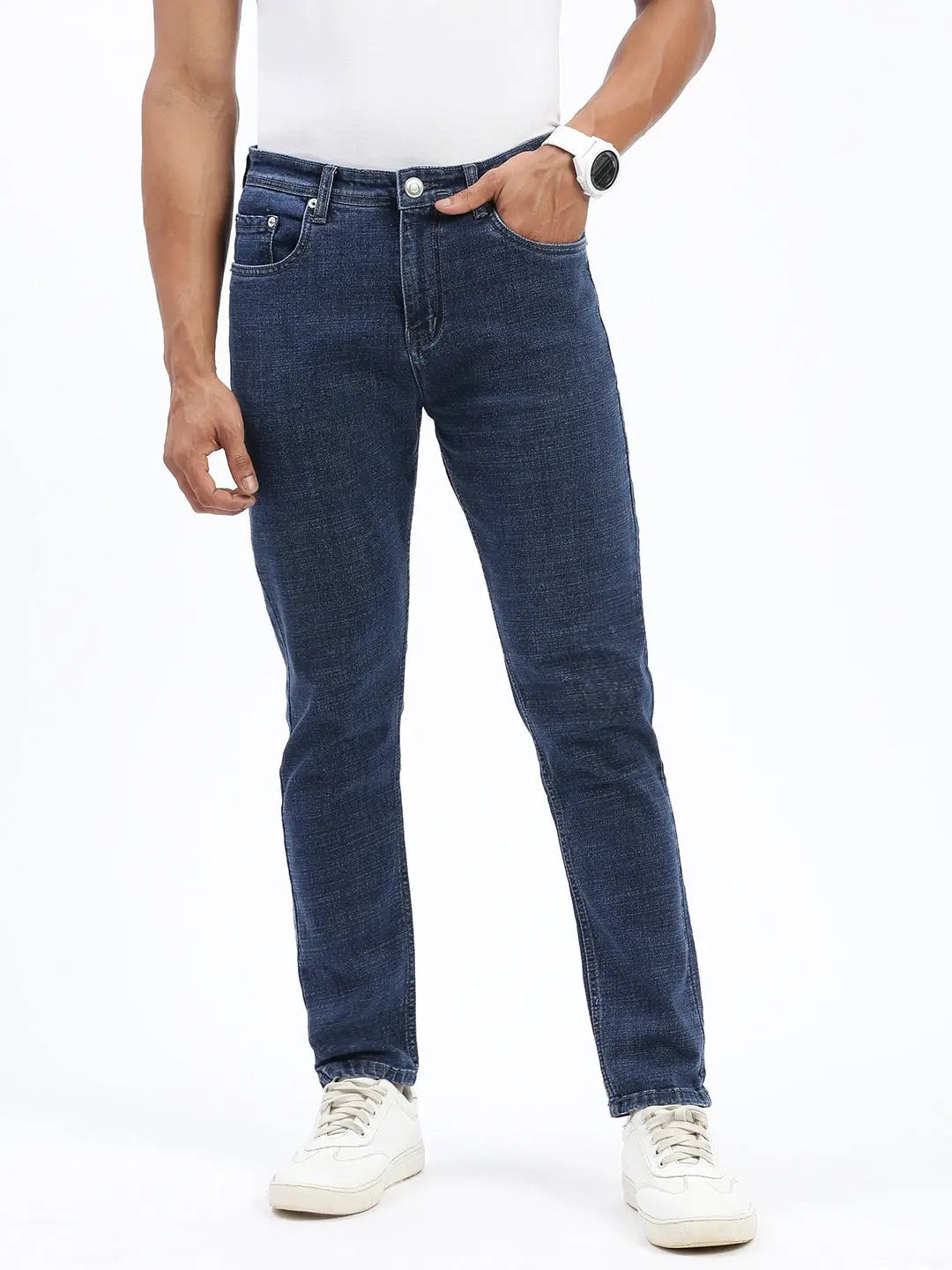 Men's Navy Blue Comfort Slim Fit Mid-Rise Cotton Light Fade Acid Wash Jeans