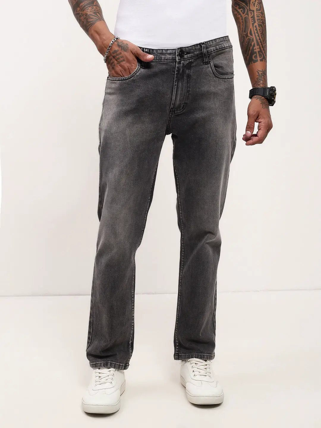 Men's Grey Solid Straight Fit Stretchable Jeans