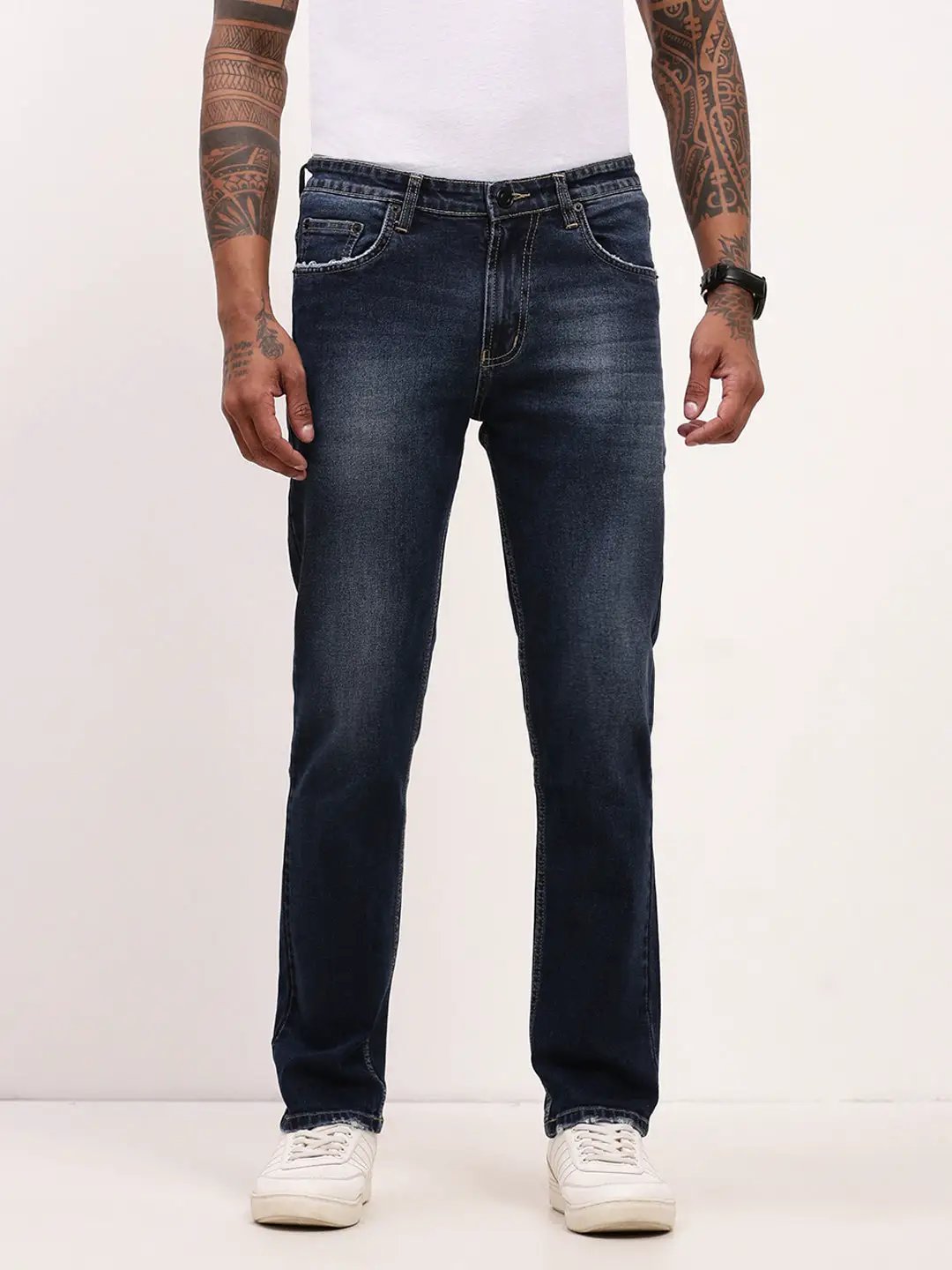 Men's Navy Blue Solid Straight Fit Heavy Fade Acid Wash Jeans