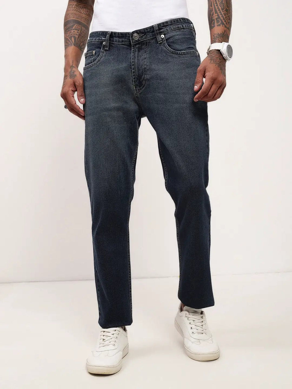 Men's Navy Blue Comfort Straight Fit Low-Rise Heavy Fade Acid Wash Stretchable Jeans