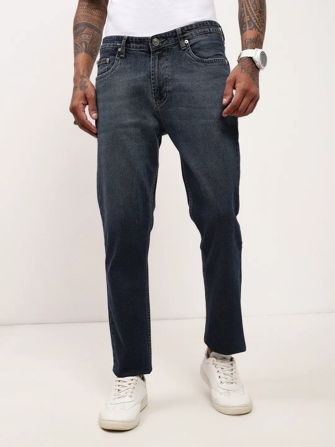 Men's Navy Blue Comfort Straight Fit Low-Rise Heavy Fade Acid Wash Stretchable Jeans